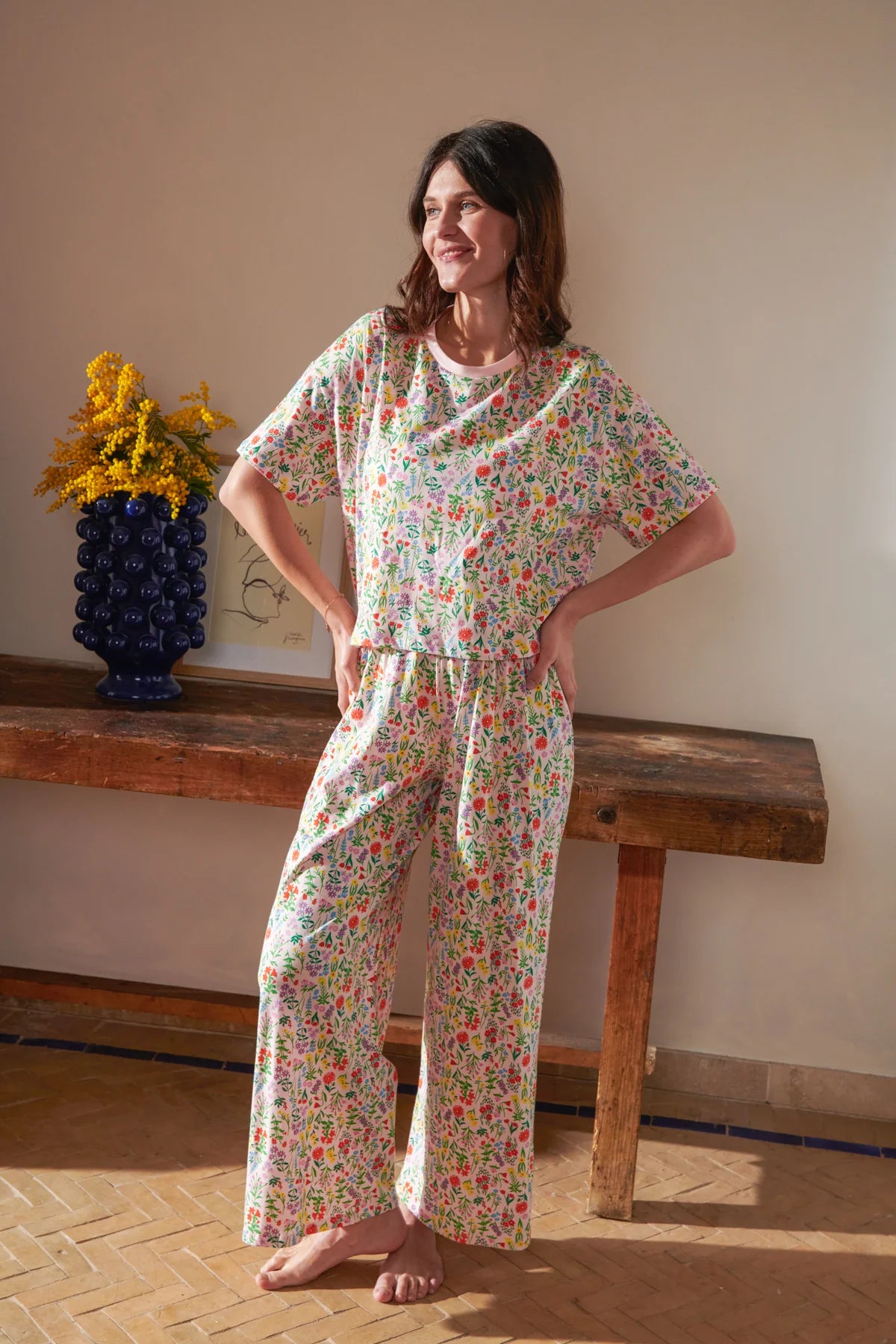 Pyjama long fleurs rose poudré