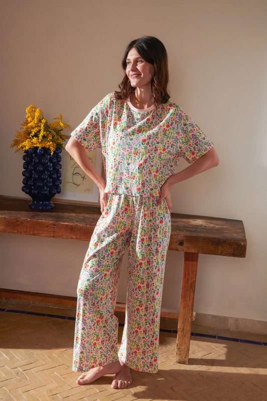 Pyjama long fleurs rose poudré