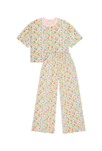 Pyjama long fleurs rose poudré